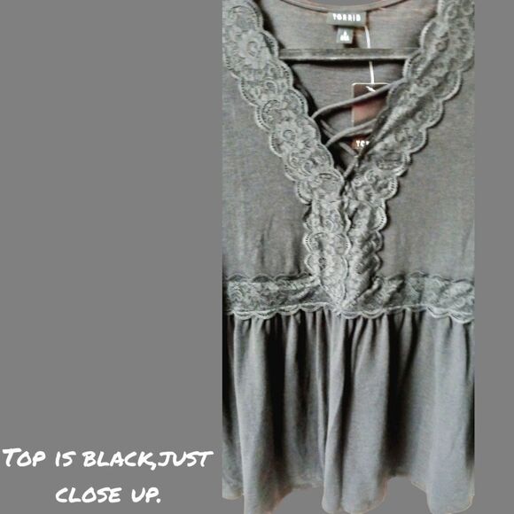 TORRID PLUS SIZE Black Babydoll Super Soft V-Neck Lace-up Lace Trim Top. 2X - Picture 7 of 16